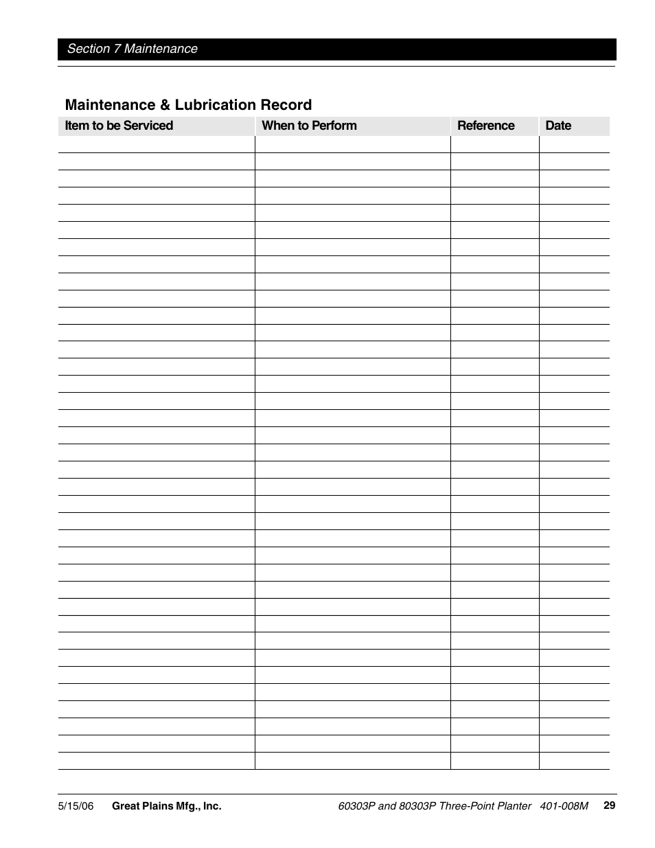 Maintenance & lubrication record | Great Plains 8030P G1021 Operator Manual User Manual | Page 31 / 38