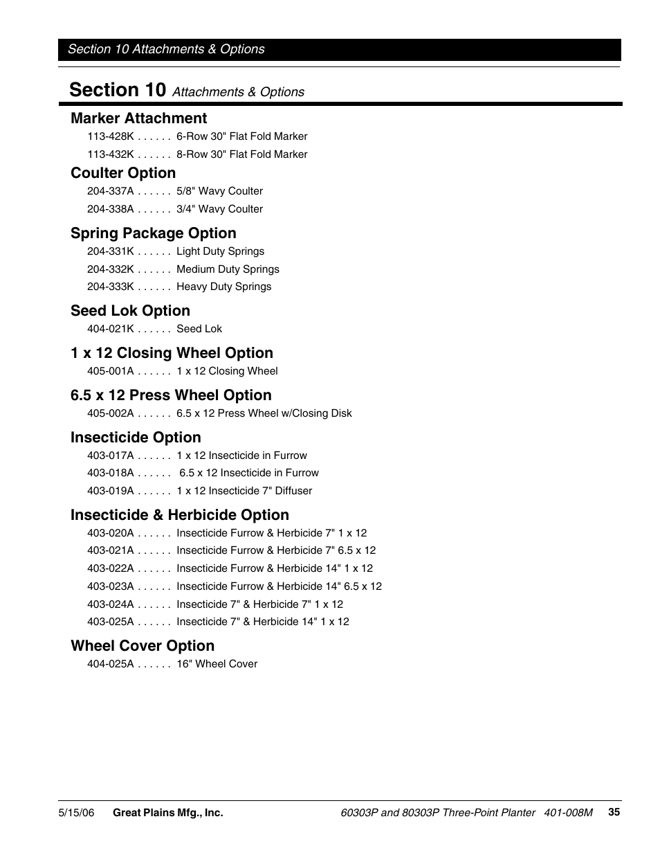 Marker attachment, Coulter option, Spring package option | Seed lok option, 1 x 12 closing wheel option, 5 x 12 press wheel option, Insecticide option, Insecticide & herbicide option, Wheel cover option | Great Plains 8030P G1021 Operator Manual User Manual | Page 37 / 38