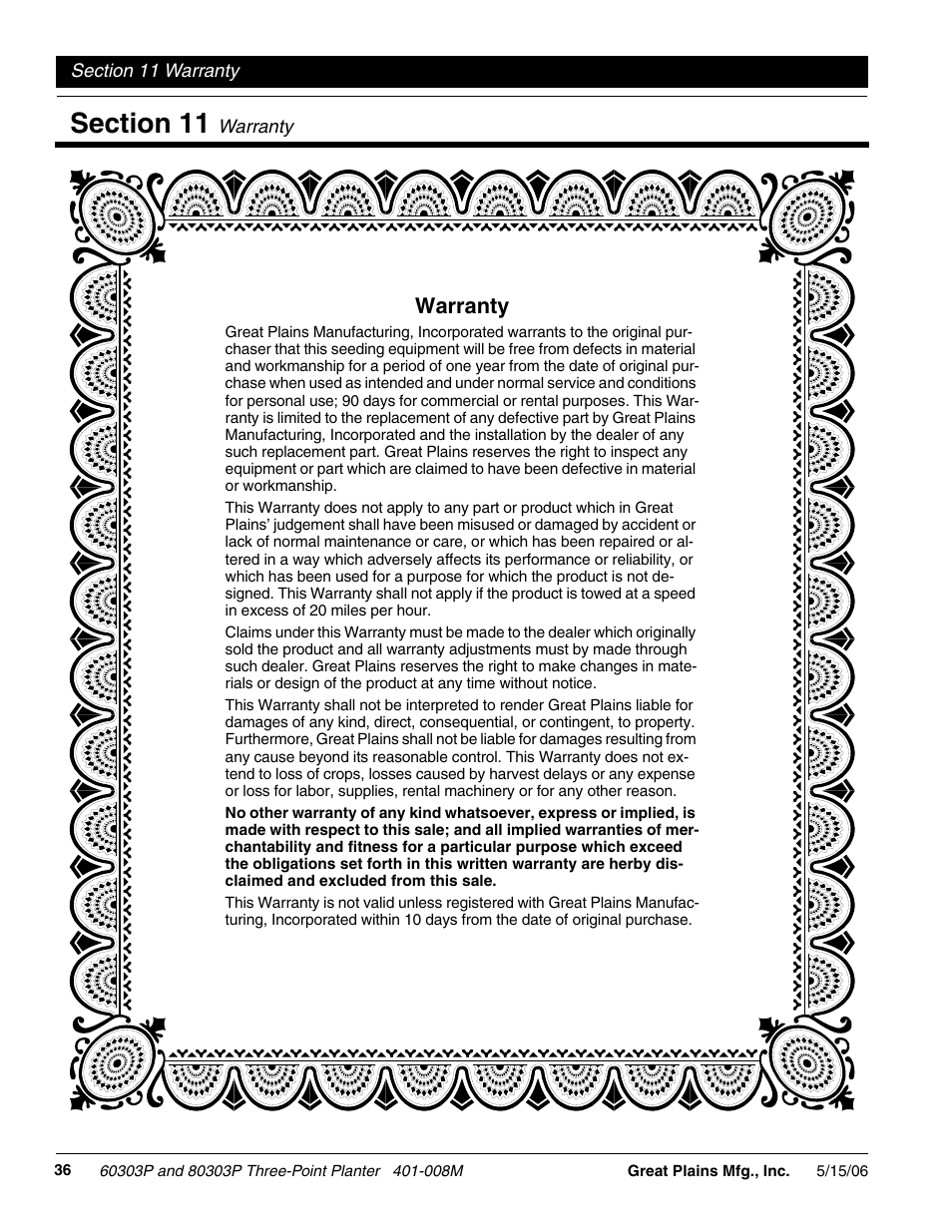 Warranty | Great Plains 8030P G1021 Operator Manual User Manual | Page 38 / 38