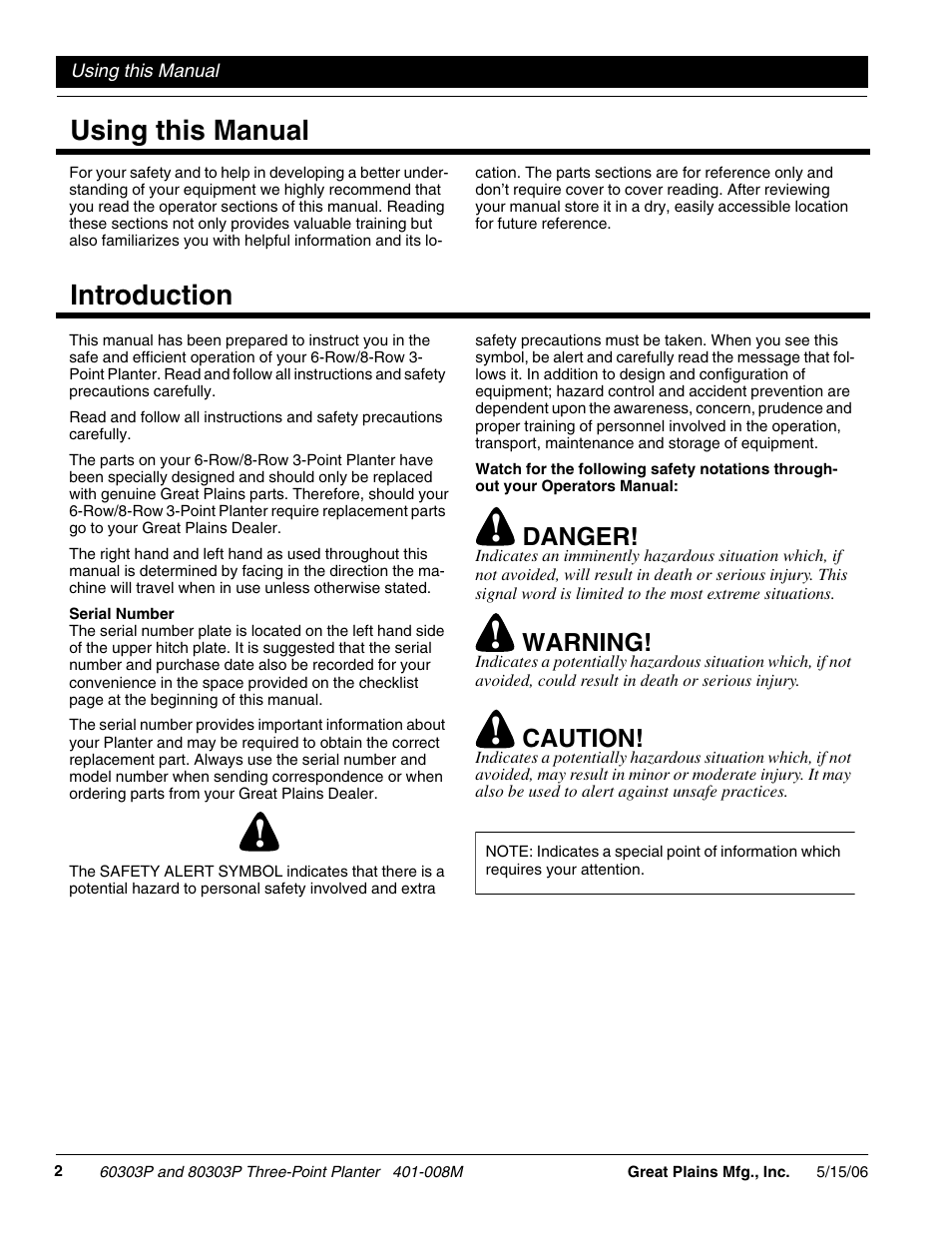 Using this manual introduction, Danger, Warning | Caution | Great Plains 8030P G1021 Operator Manual User Manual | Page 4 / 38