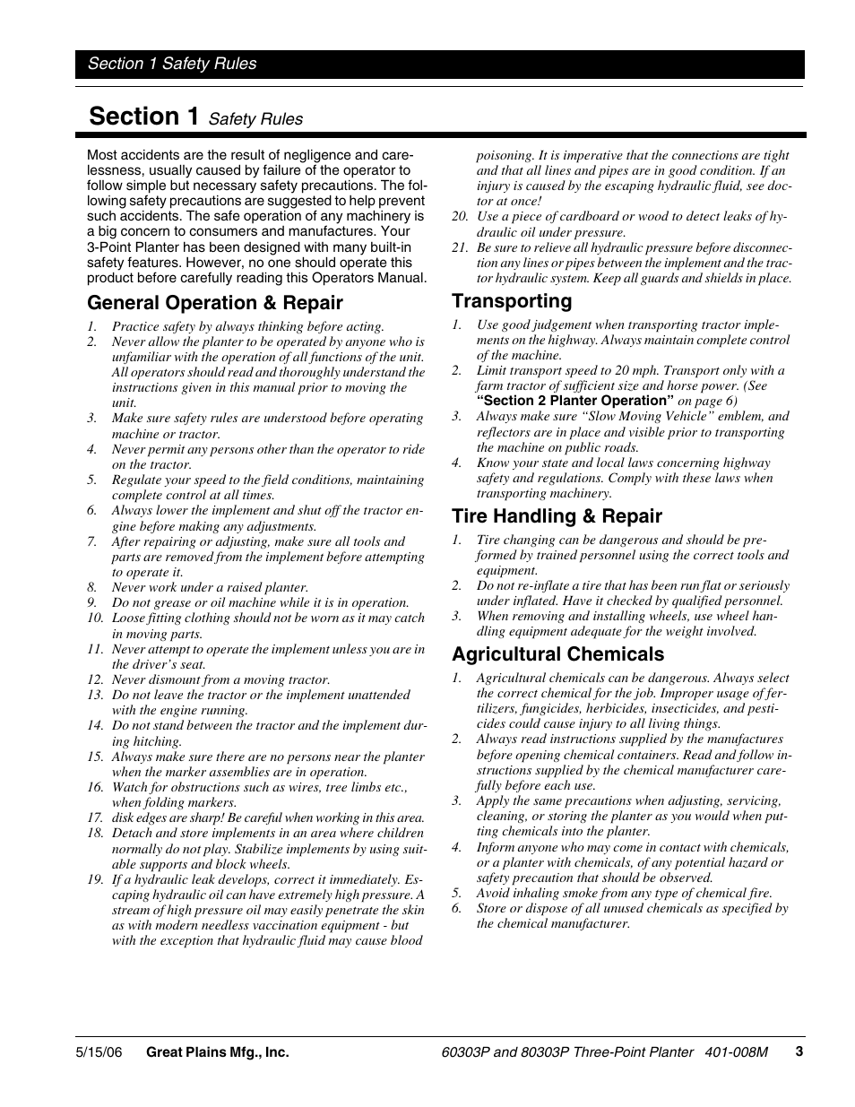 General operation & repair, Transporting, Tire handling & repair | Agricultural chemicals | Great Plains 8030P G1021 Operator Manual User Manual | Page 5 / 38
