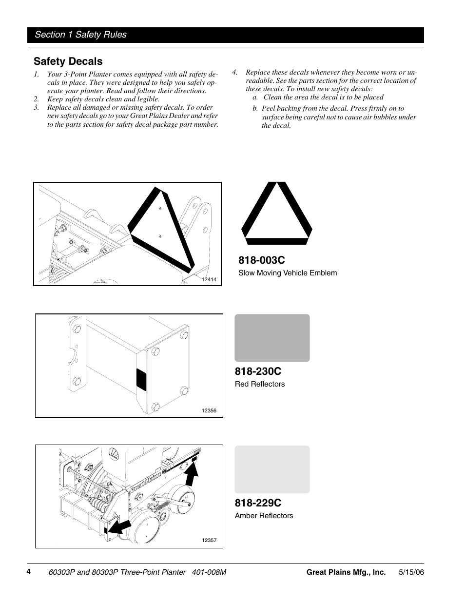 Safety decals, 230c, 229c | 003c | Great Plains 8030P G1021 Operator Manual User Manual | Page 6 / 38
