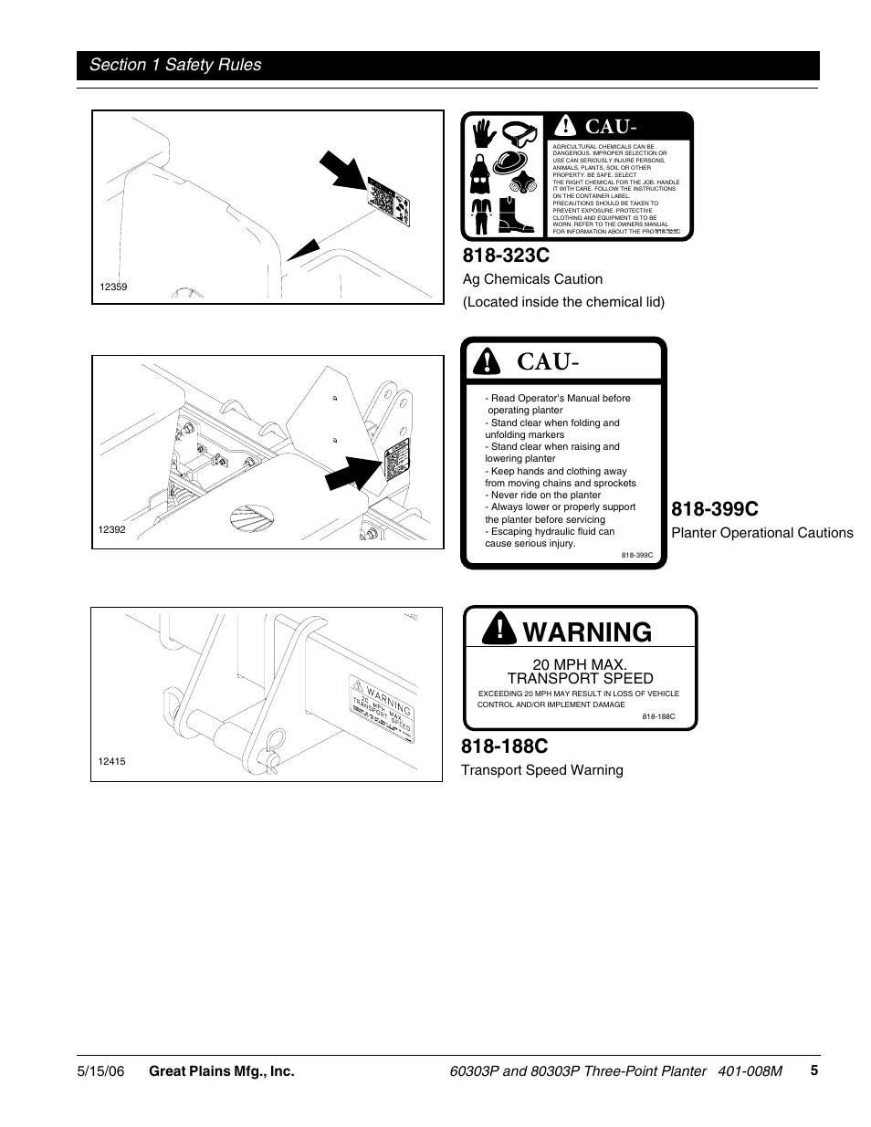 Warning, 323c, 399c | 188c | Great Plains 8030P G1021 Operator Manual User Manual | Page 7 / 38