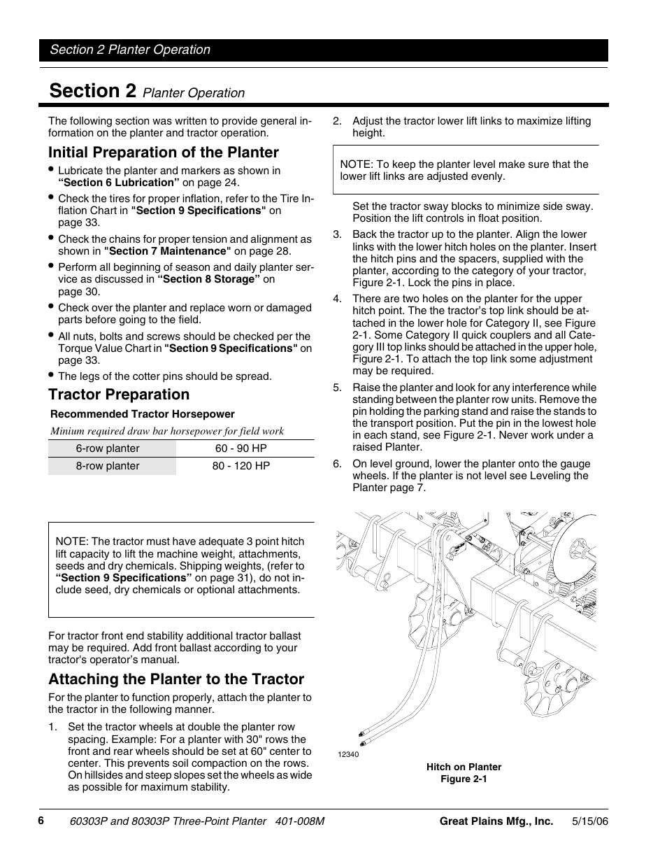 Initial preparation of the planter, Tractor preparation, Attaching the planter to the tractor | Great Plains 8030P G1021 Operator Manual User Manual | Page 8 / 38