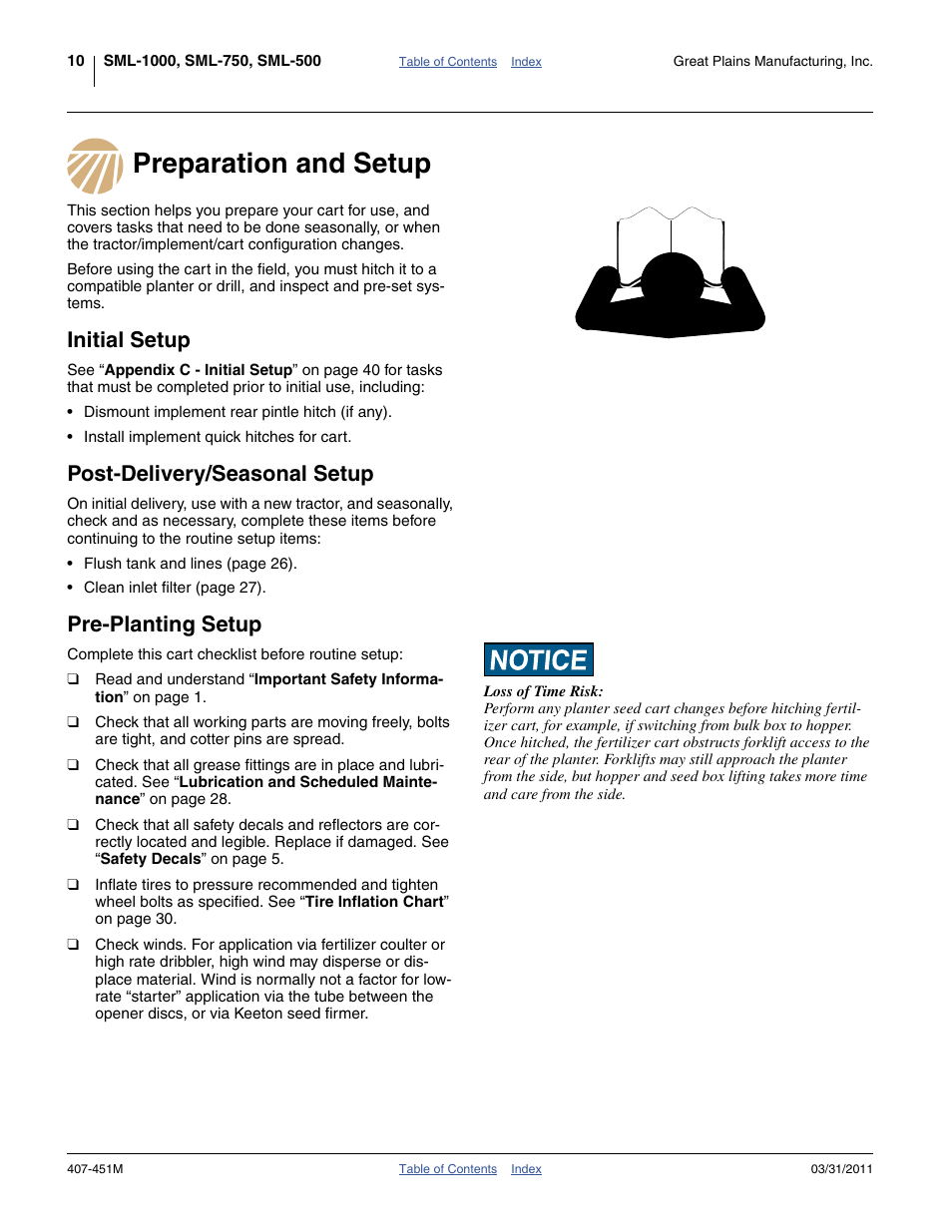 Preparation and setup, Initial setup, Post-delivery/seasonal setup | Pre-planting setup | Great Plains SML1000 Operator Manual User Manual | Page 14 / 50
