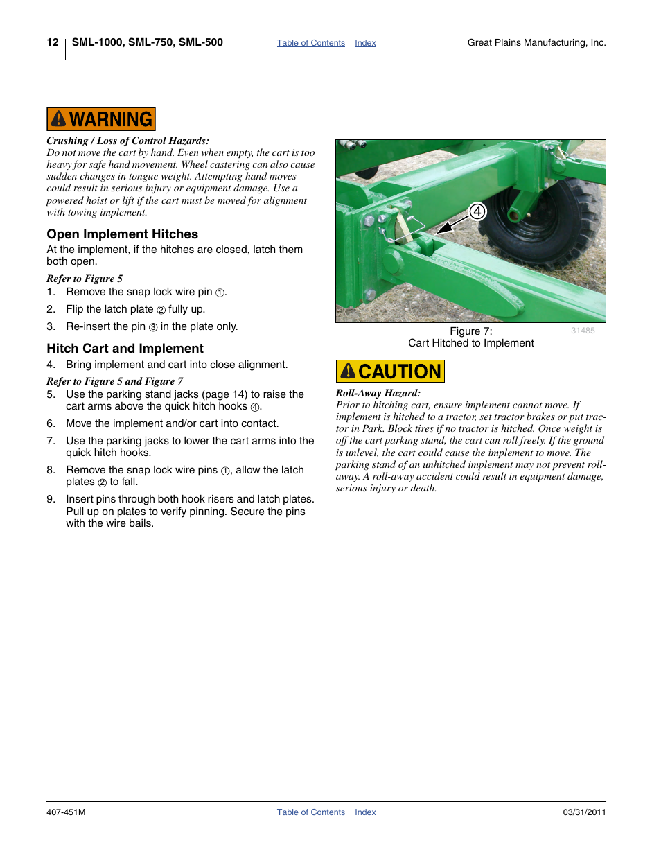 Open implement hitches, Hitch cart and implement, Open implement hitches hitch cart and implement | Great Plains SML1000 Operator Manual User Manual | Page 16 / 50