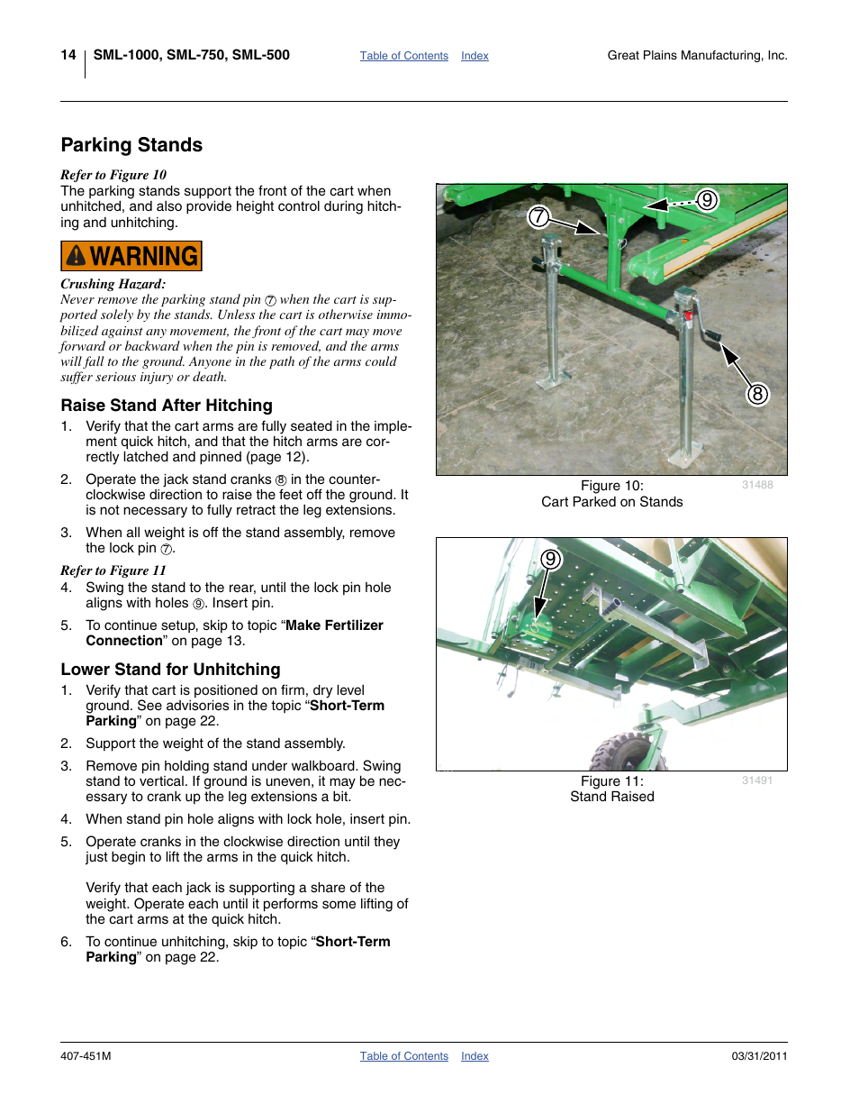 Parking stands, Raise stand after hitching, Lower stand for unhitching | Great Plains SML1000 Operator Manual User Manual | Page 18 / 50