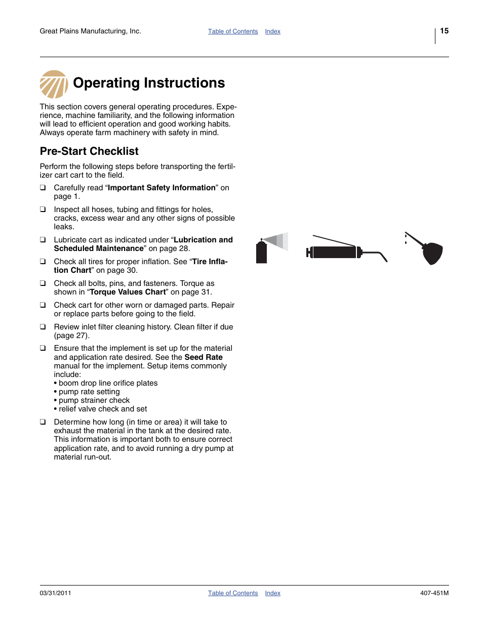 Operating instructions, Pre-start checklist, Operating instructions pre-start checklist | Great Plains SML1000 Operator Manual User Manual | Page 19 / 50