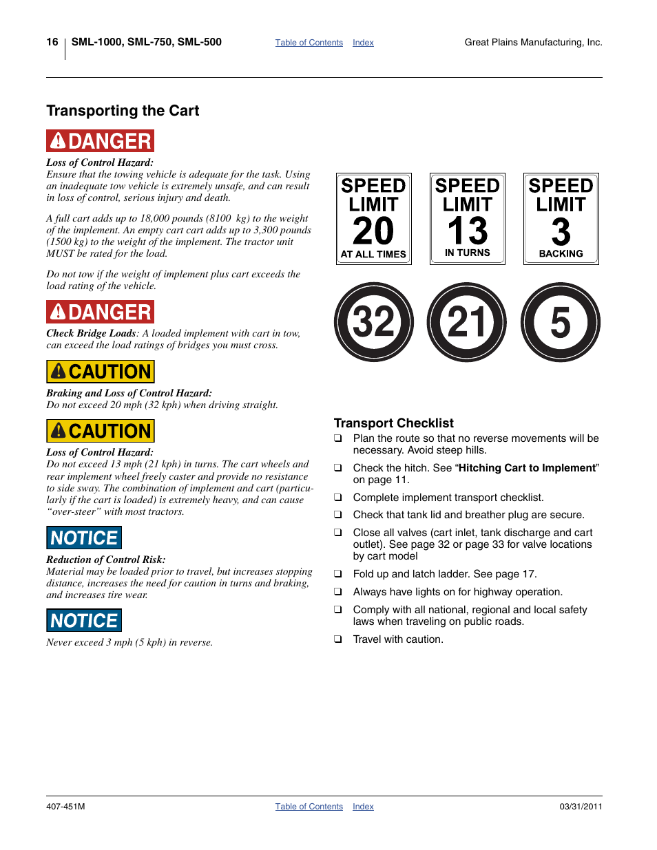 Transporting the cart, Transport checklist | Great Plains SML1000 Operator Manual User Manual | Page 20 / 50