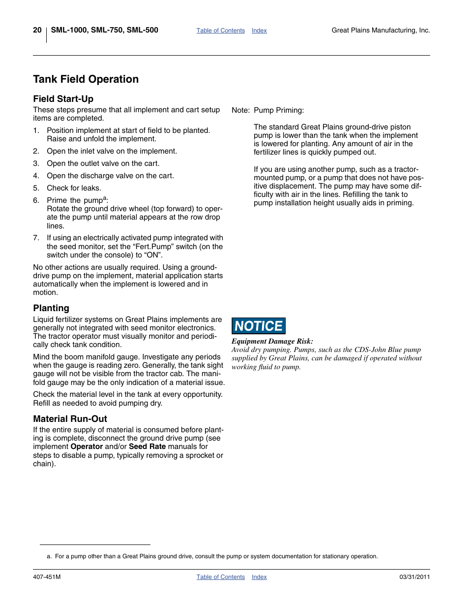 Tank field operation, Field start-up, Planting | Material run-out, Planting material run-out | Great Plains SML1000 Operator Manual User Manual | Page 24 / 50