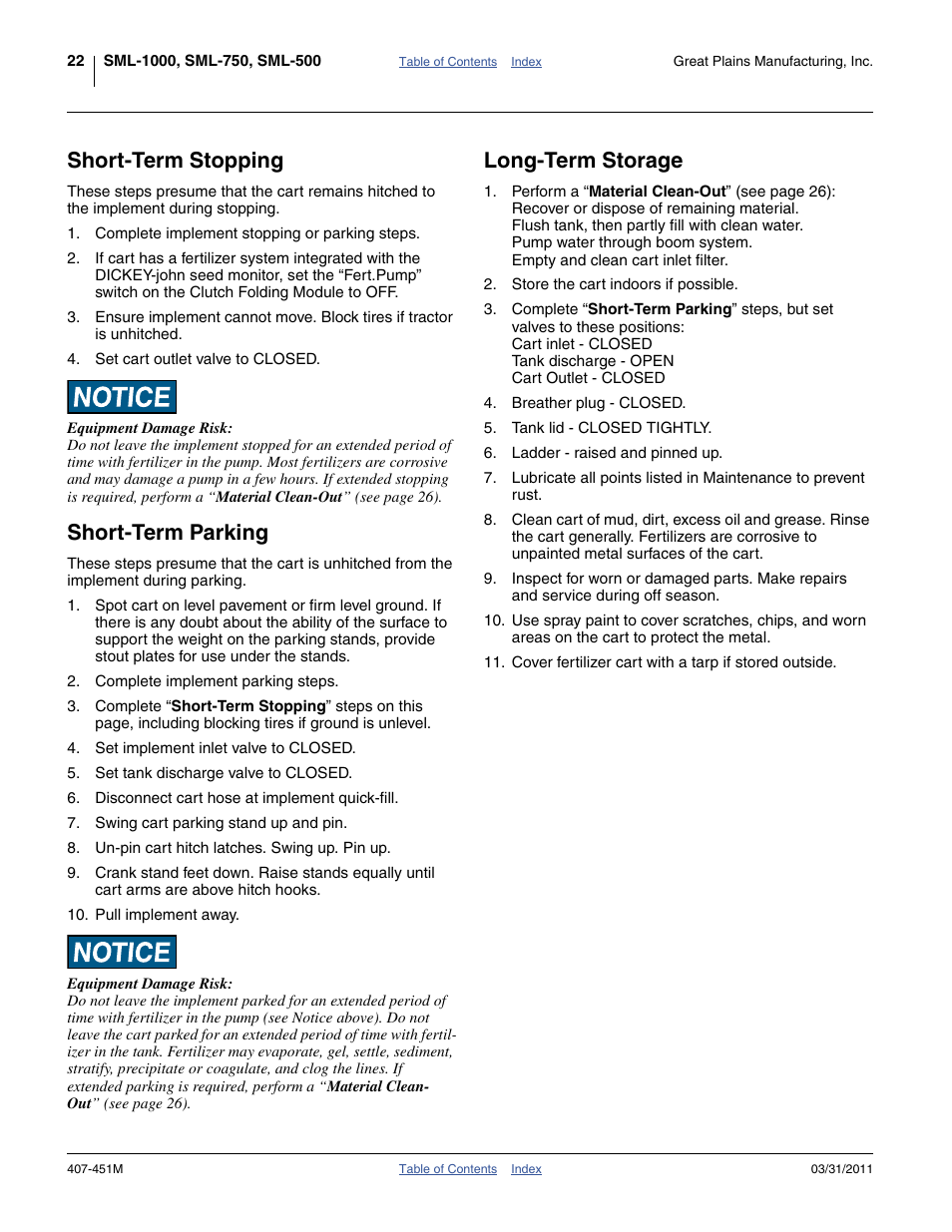 Short-term stopping, Short-term parking, Long-term storage | Great Plains SML1000 Operator Manual User Manual | Page 26 / 50