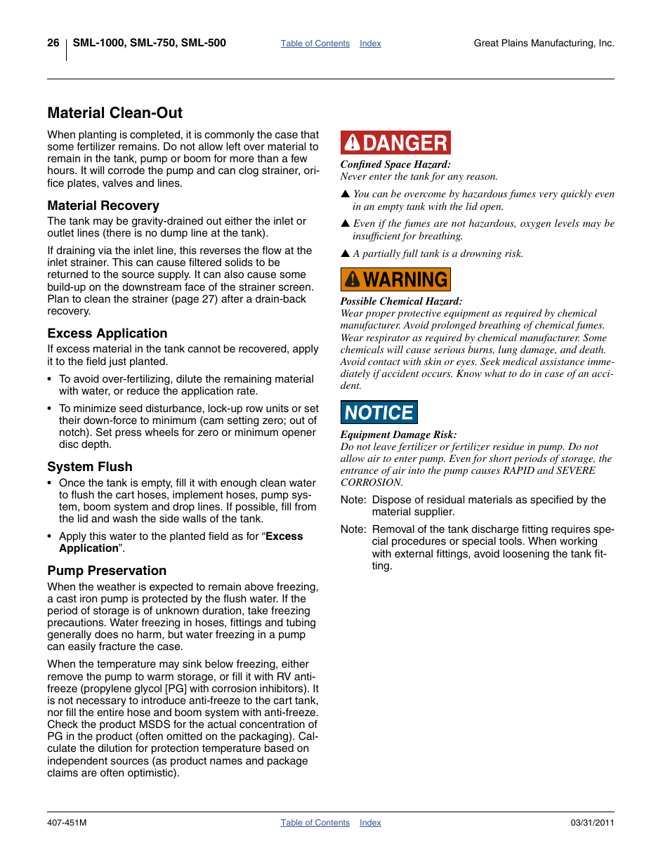 Material clean-out, Material recovery, Excess application | System flush, Pump preservation | Great Plains SML1000 Operator Manual User Manual | Page 30 / 50