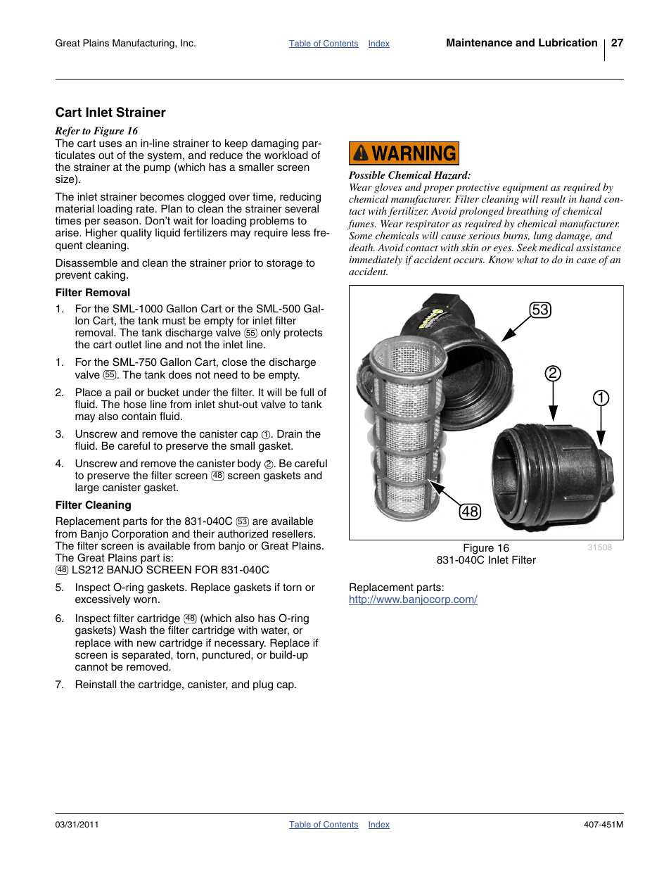 Cart inlet strainer, Filter removal, Filter cleaning | Filter removal filter cleaning | Great Plains SML1000 Operator Manual User Manual | Page 31 / 50