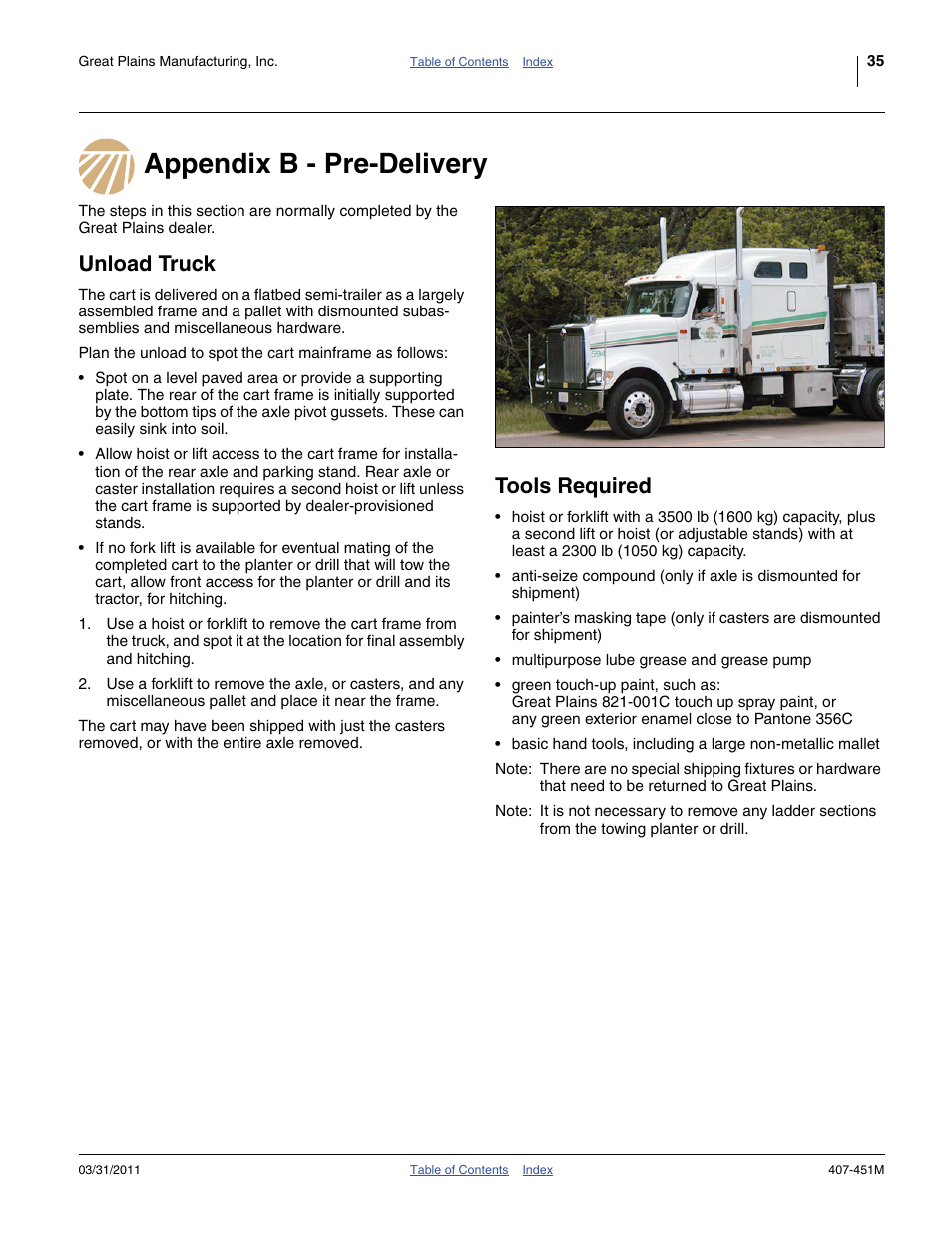 Appendix b - pre-delivery, Unload truck, Tools required | Great Plains SML1000 Operator Manual User Manual | Page 39 / 50
