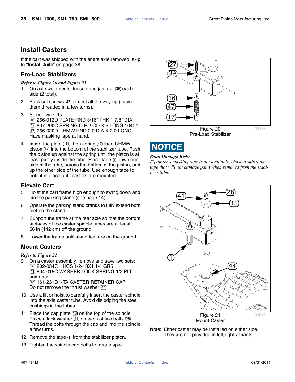 Install casters, Pre-load stabilizers, Elevate cart | Mount casters | Great Plains SML1000 Operator Manual User Manual | Page 40 / 50