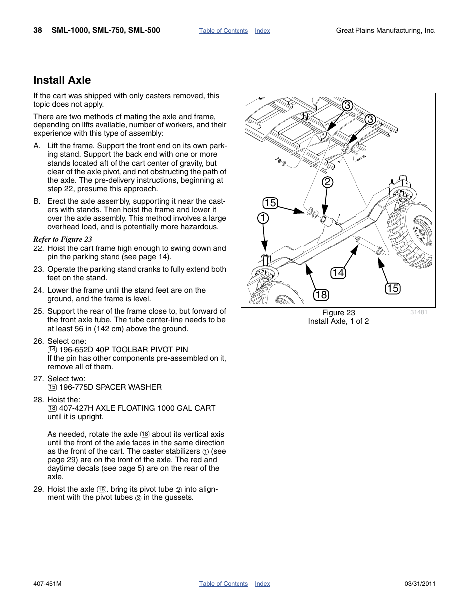 Install axle | Great Plains SML1000 Operator Manual User Manual | Page 42 / 50