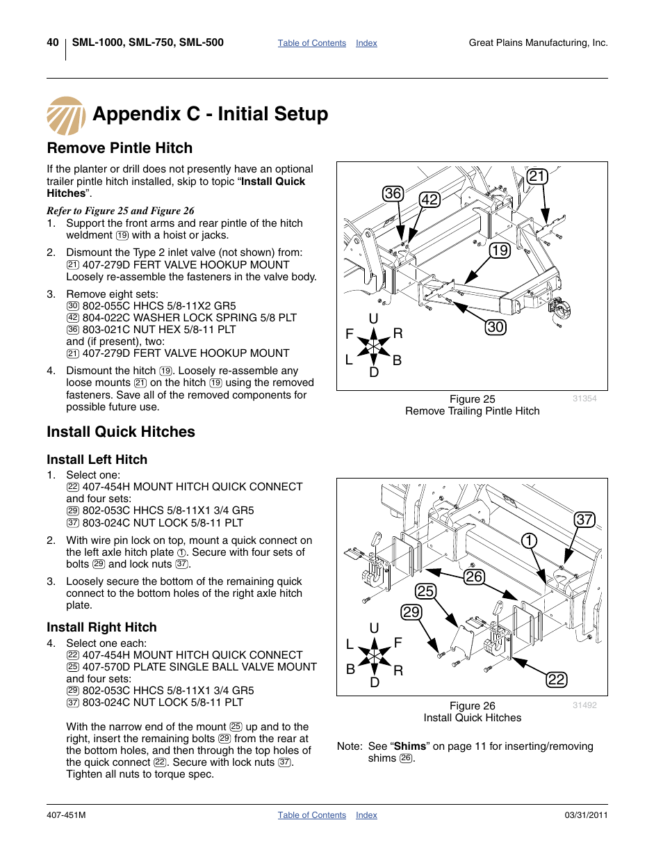 Appendix c - initial setup, Remove pintle hitch, Install quick hitches | Install left hitch, Install right hitch | Great Plains SML1000 Operator Manual User Manual | Page 44 / 50