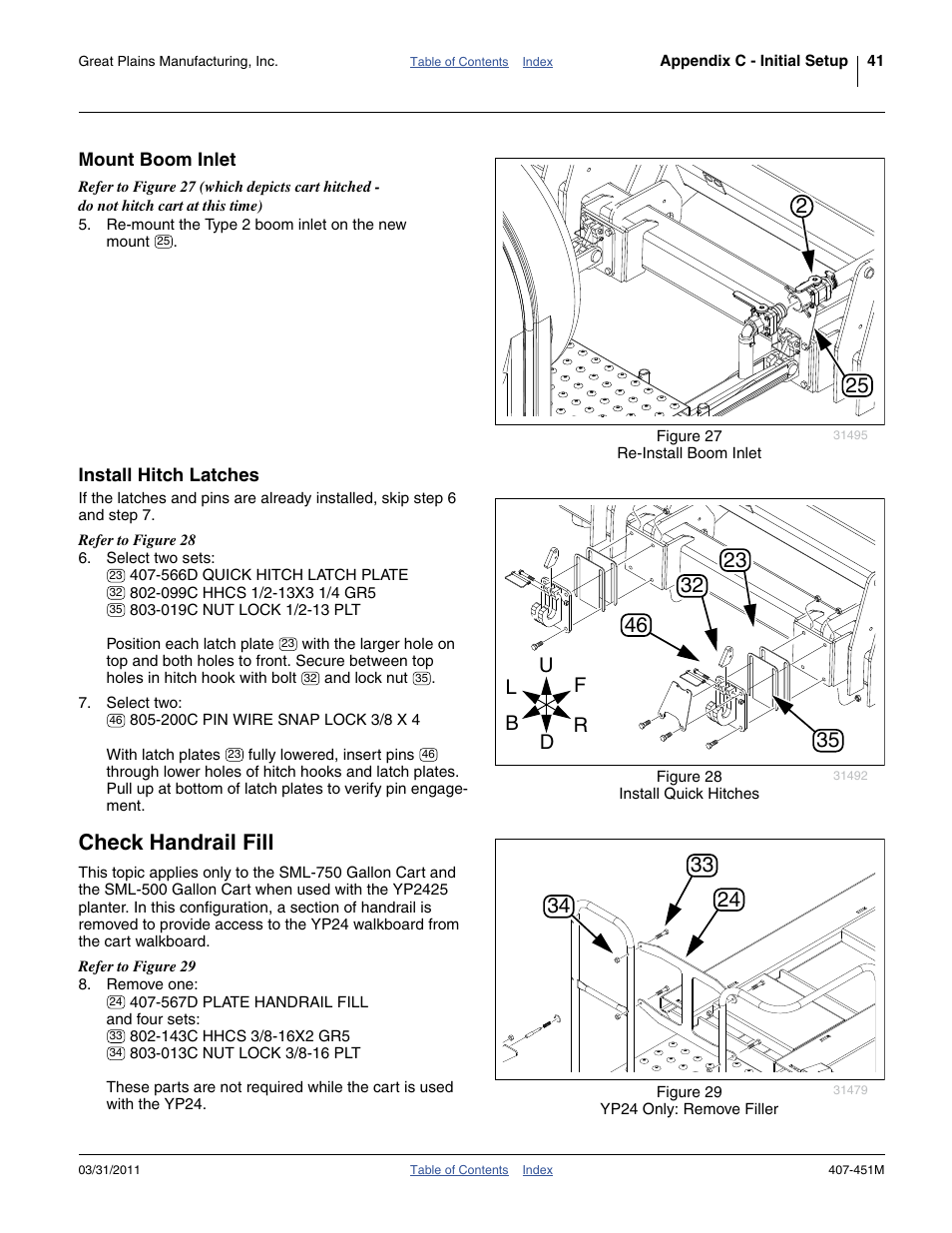 Mount boom inlet, Install hitch latches, Check handrail fill | Mount boom inlet install hitch latches | Great Plains SML1000 Operator Manual User Manual | Page 45 / 50