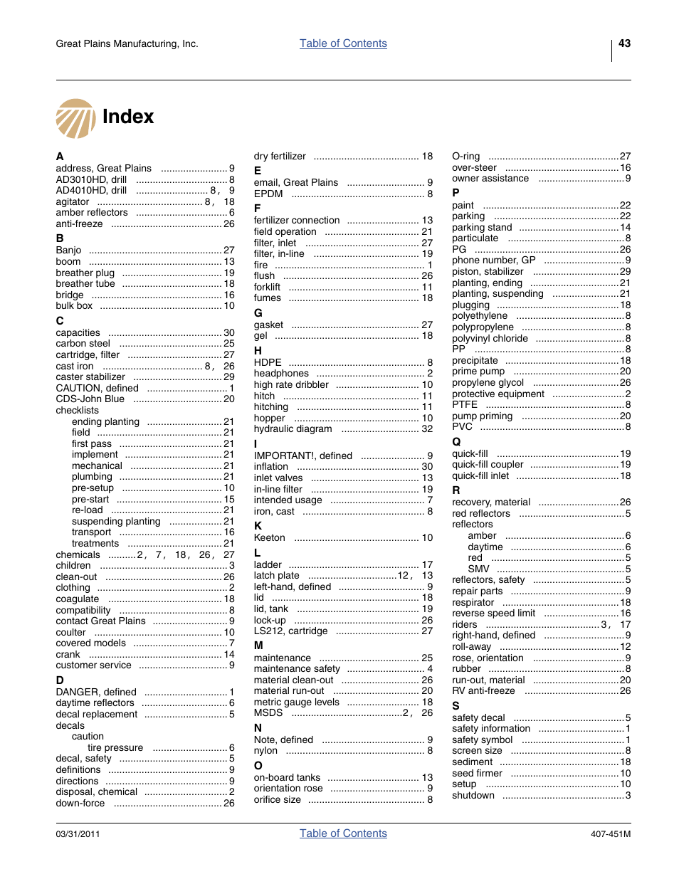 Index | Great Plains SML1000 Operator Manual User Manual | Page 47 / 50