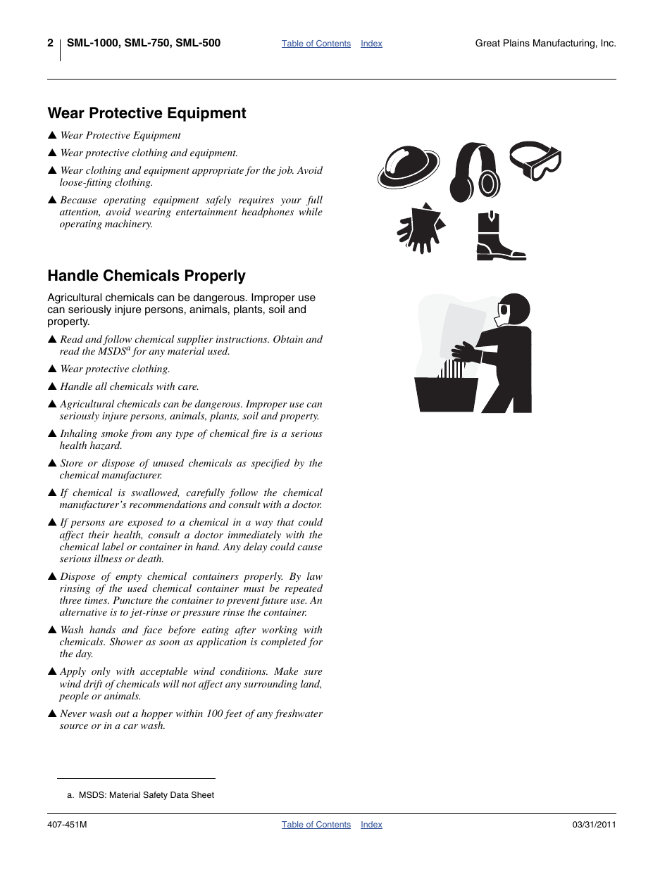 Wear protective equipment, Handle chemicals properly | Great Plains SML1000 Operator Manual User Manual | Page 6 / 50