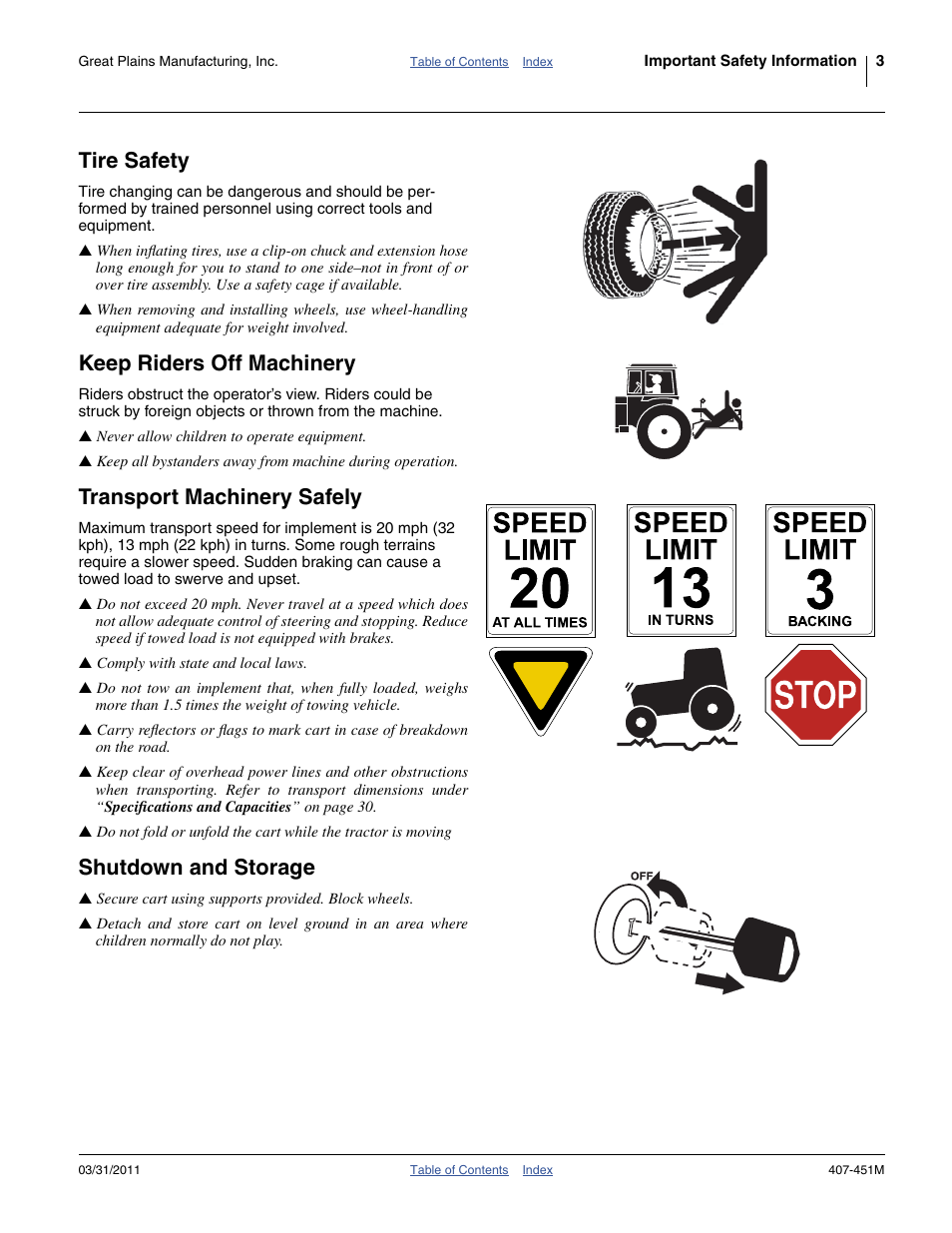 Tire safety, Keep riders off machinery, Transport machinery safely | Shutdown and storage | Great Plains SML1000 Operator Manual User Manual | Page 7 / 50