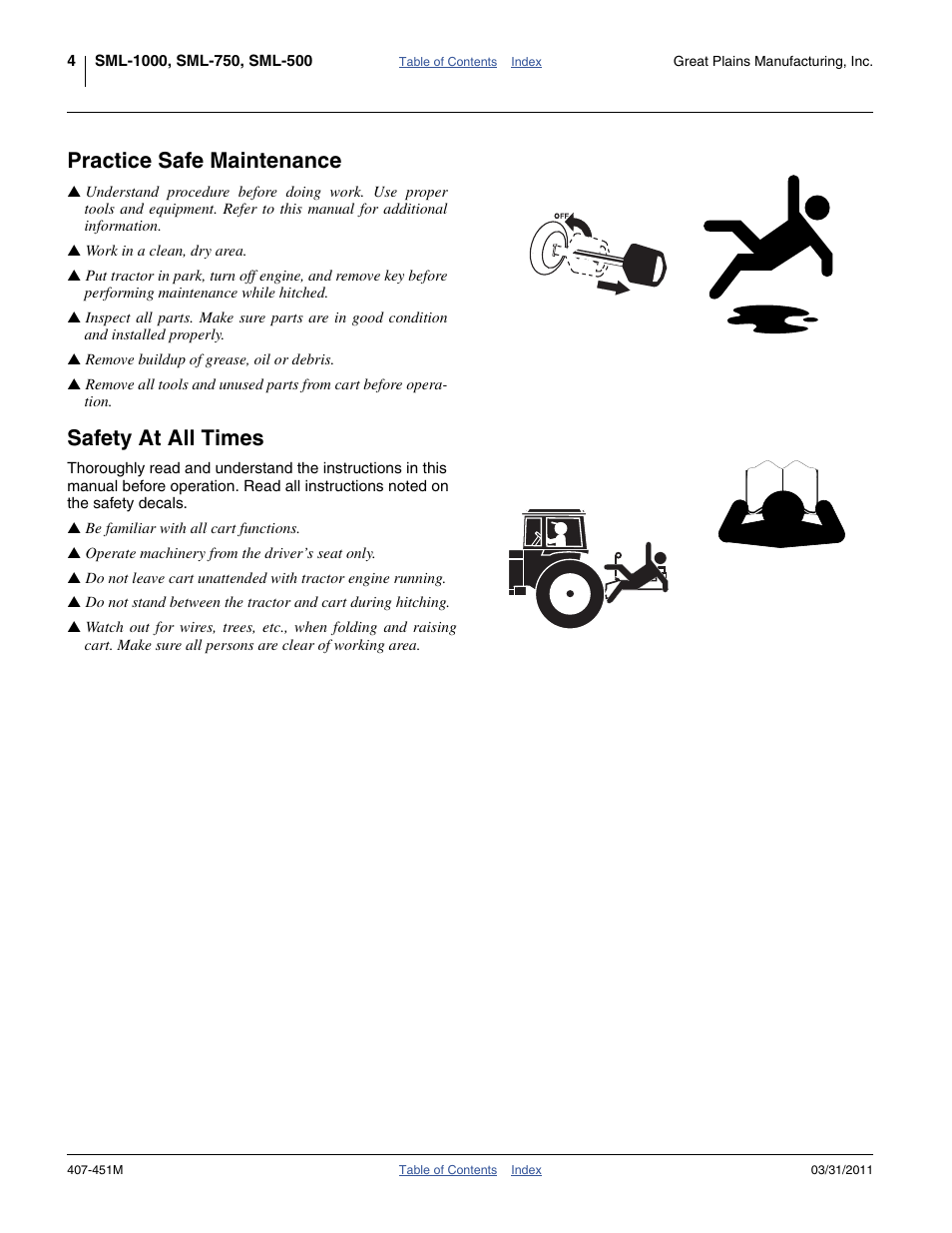 Practice safe maintenance, Safety at all times | Great Plains SML1000 Operator Manual User Manual | Page 8 / 50