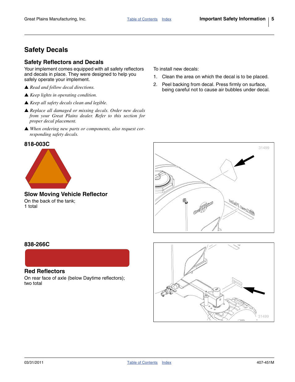 Safety decals, Safety reflectors and decals, 003c slow moving vehicle reflector | 266c red reflectors | Great Plains SML1000 Operator Manual User Manual | Page 9 / 50
