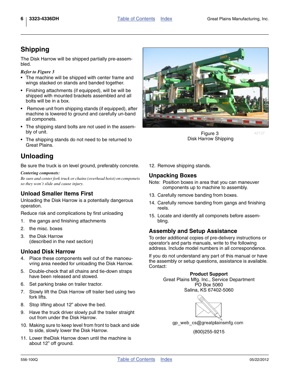 Shipping, Unloading, Unload smaller items first | Unload disk harrow, Unpacking boxes, Assembly and setup assistance, Shipping unloading | Great Plains 4336 DH Predelivery Manual User Manual | Page 10 / 64