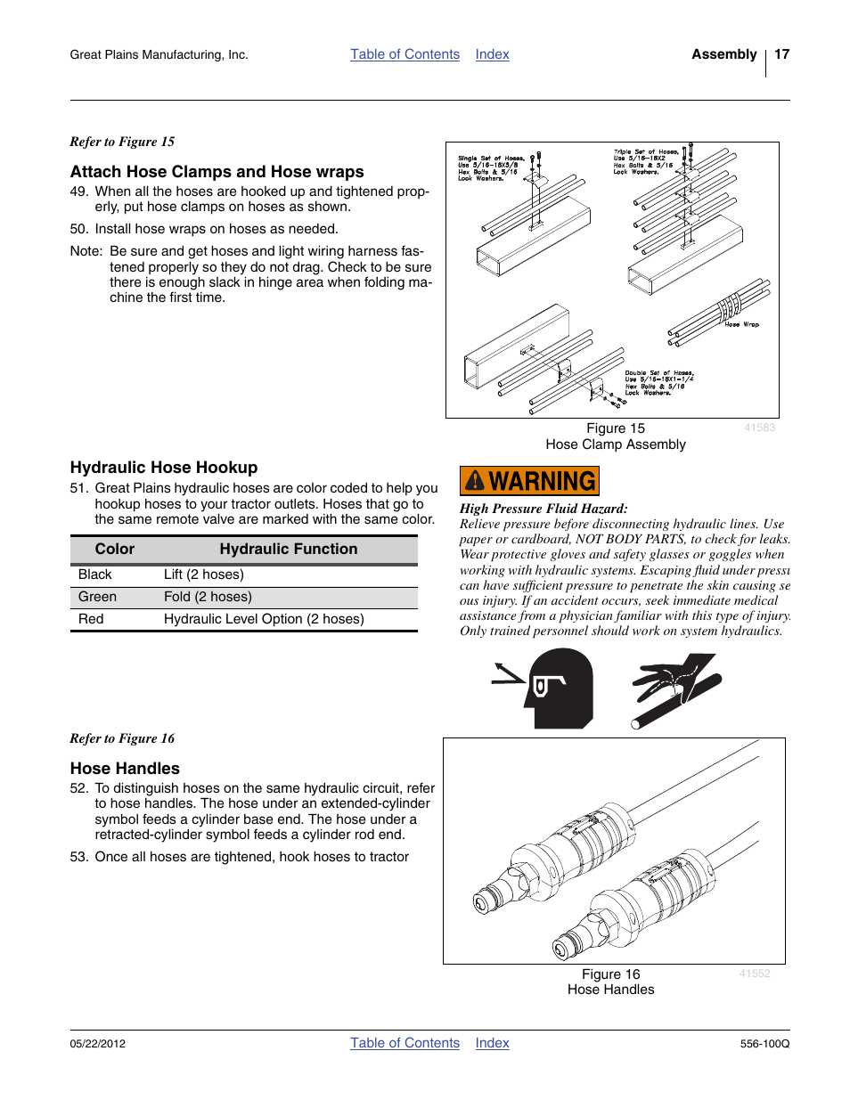Attach hose clamps and hose wraps, Hydraulic hose hookup, Hose handles | See “ attach hose clamps and hose wraps ” on | Great Plains 4336 DH Predelivery Manual User Manual | Page 21 / 64