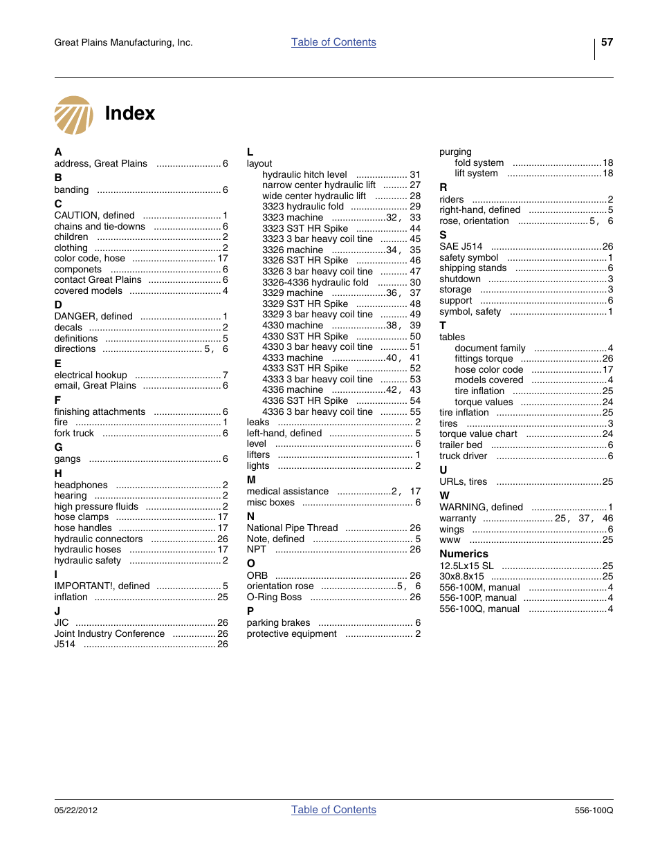 Index | Great Plains 4336 DH Predelivery Manual User Manual | Page 61 / 64