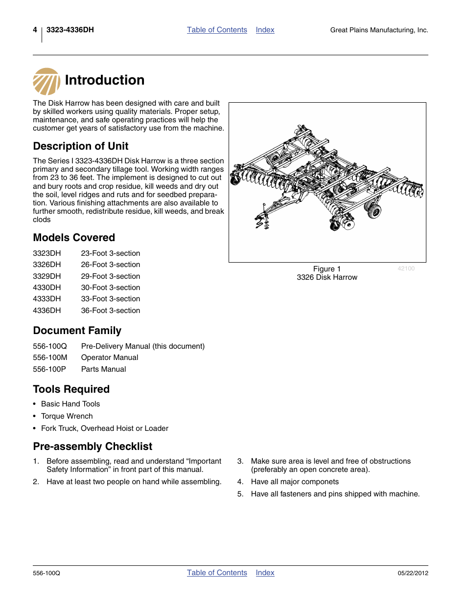 Introduction, Description of unit, Models covered | Document family, Tools required, Pre-assembly checklist, Models covered document family tools required | Great Plains 4336 DH Predelivery Manual User Manual | Page 8 / 64