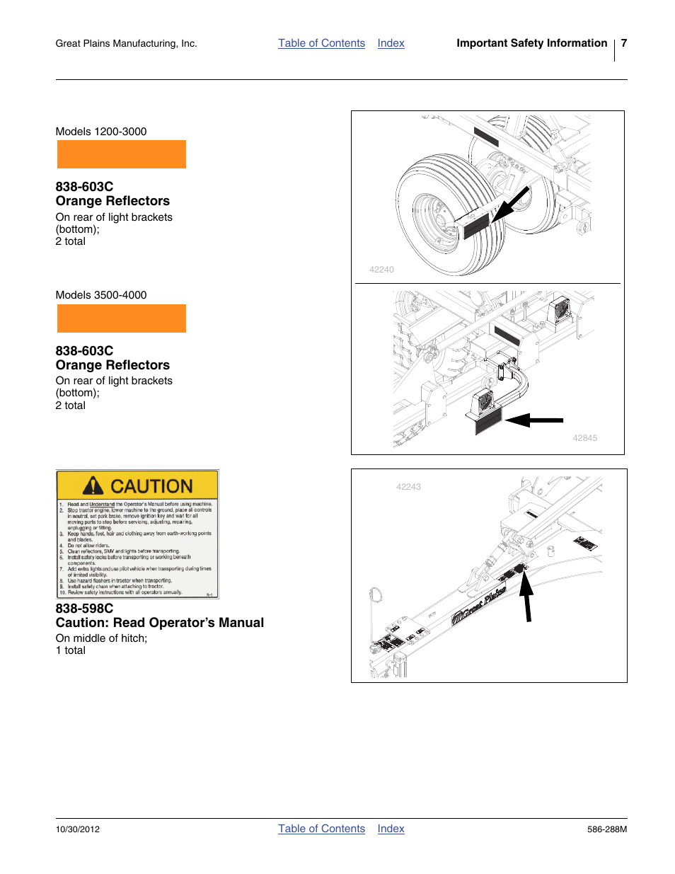 603c orange reflectors, 598c caution: read operator’s manual | Great Plains 4000TM Operator Manual User Manual | Page 11 / 50
