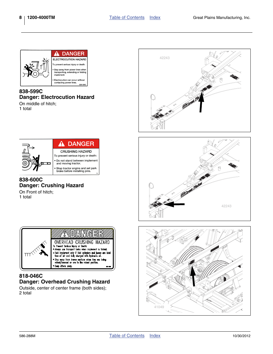 599c danger: electrocution hazard, 600c danger: crushing hazard, 046c danger: overhead crushing hazard | Great Plains 4000TM Operator Manual User Manual | Page 12 / 50