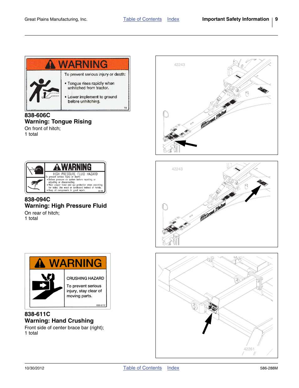 606c warning: tongue rising, 094c warning: high pressure fluid, 611c warning: hand crushing | Great Plains 4000TM Operator Manual User Manual | Page 13 / 50