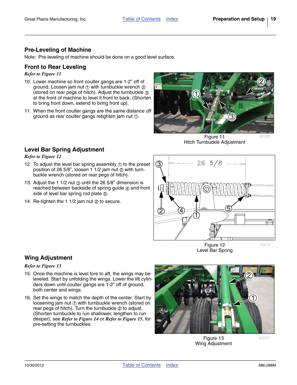 Pre-leveling of machine, Front to rear leveling, Level bar spring adjustment | Wing adjustment | Great Plains 4000TM Operator Manual User Manual | Page 23 / 50