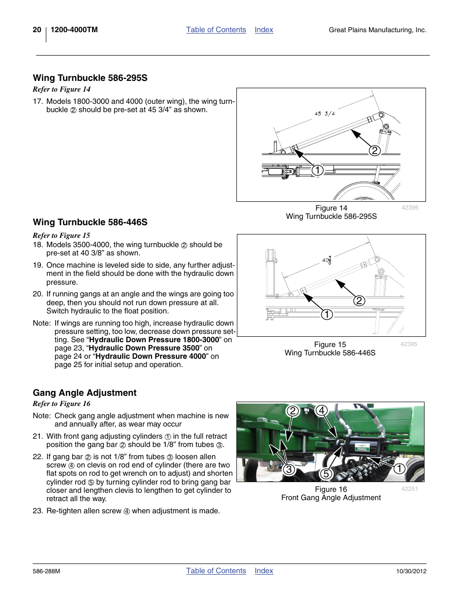 Wing turnbuckle 586-295s, Wing turnbuckle 586-446s, Gang angle adjustment | Refer to figure 14, Refer to figure 15 , f | Great Plains 4000TM Operator Manual User Manual | Page 24 / 50