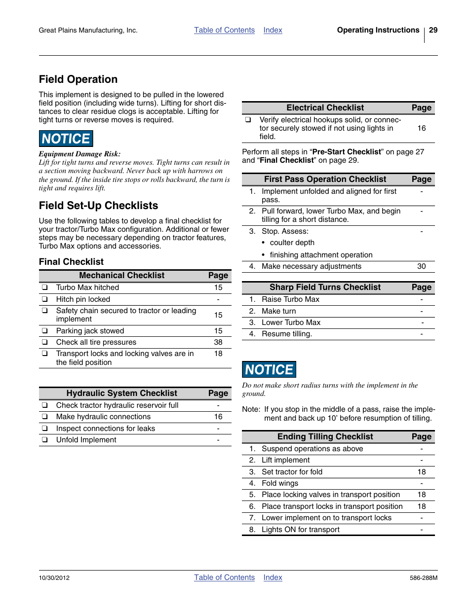Field operation, Field set-up checklists, Final checklist | Field operation field set-up checklists | Great Plains 4000TM Operator Manual User Manual | Page 33 / 50