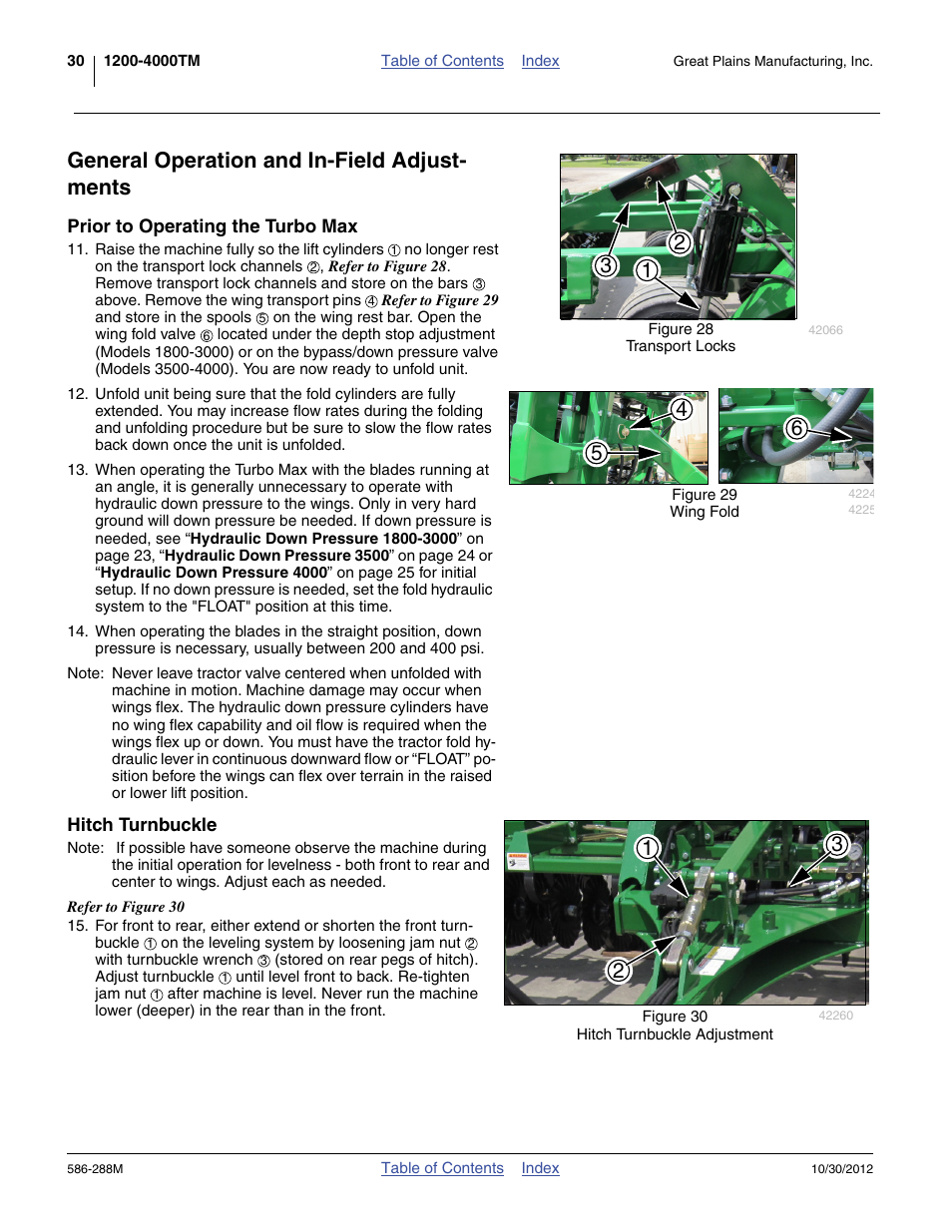 General operation and in-field adjustments, Prior to operating the turbo max, Hitch turnbuckle | Prior to operating the turbo max hitch turnbuckle, General operation and in-field adjust- ments | Great Plains 4000TM Operator Manual User Manual | Page 34 / 50