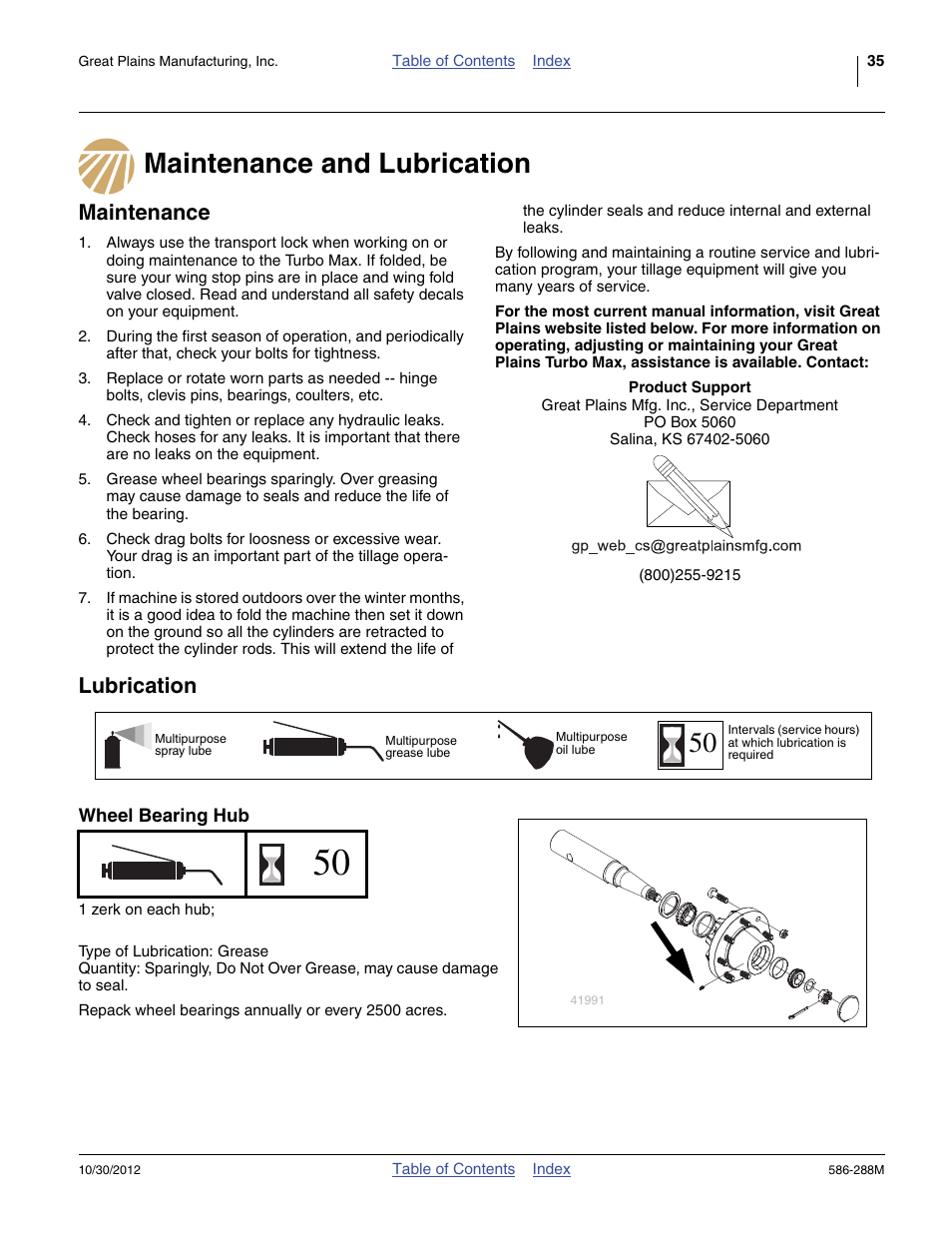Maintenance and lubrication, Maintenance, Lubrication | Wheel bearing hub, Urbo max as indicated under “ lubrica | Great Plains 4000TM Operator Manual User Manual | Page 39 / 50