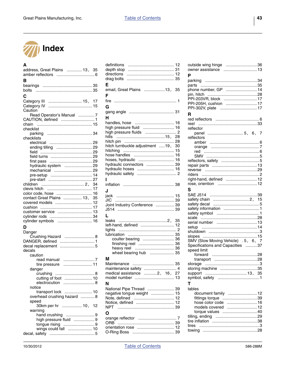 Index | Great Plains 4000TM Operator Manual User Manual | Page 47 / 50