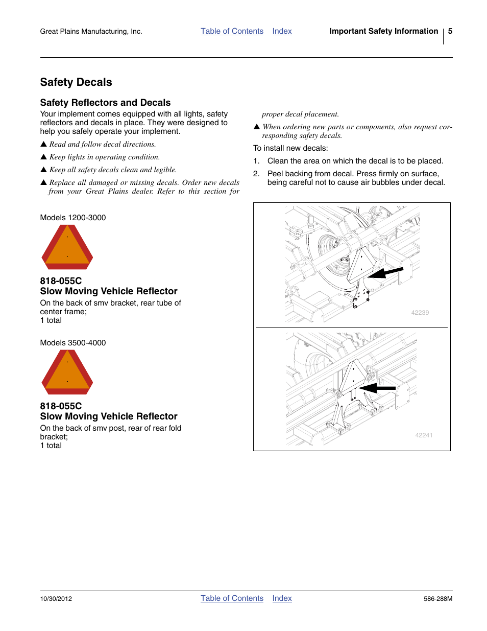 Safety decals, Safety reflectors and decals, 055c slow moving vehicle reflector | Great Plains 4000TM Operator Manual User Manual | Page 9 / 50