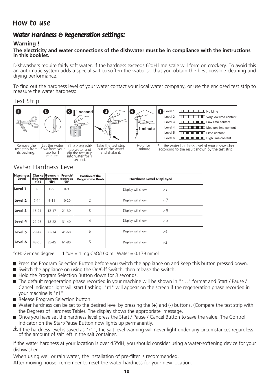 Water hardness level, Test strip, Warning | Beko DWD857 User Manual | Page 10 / 26