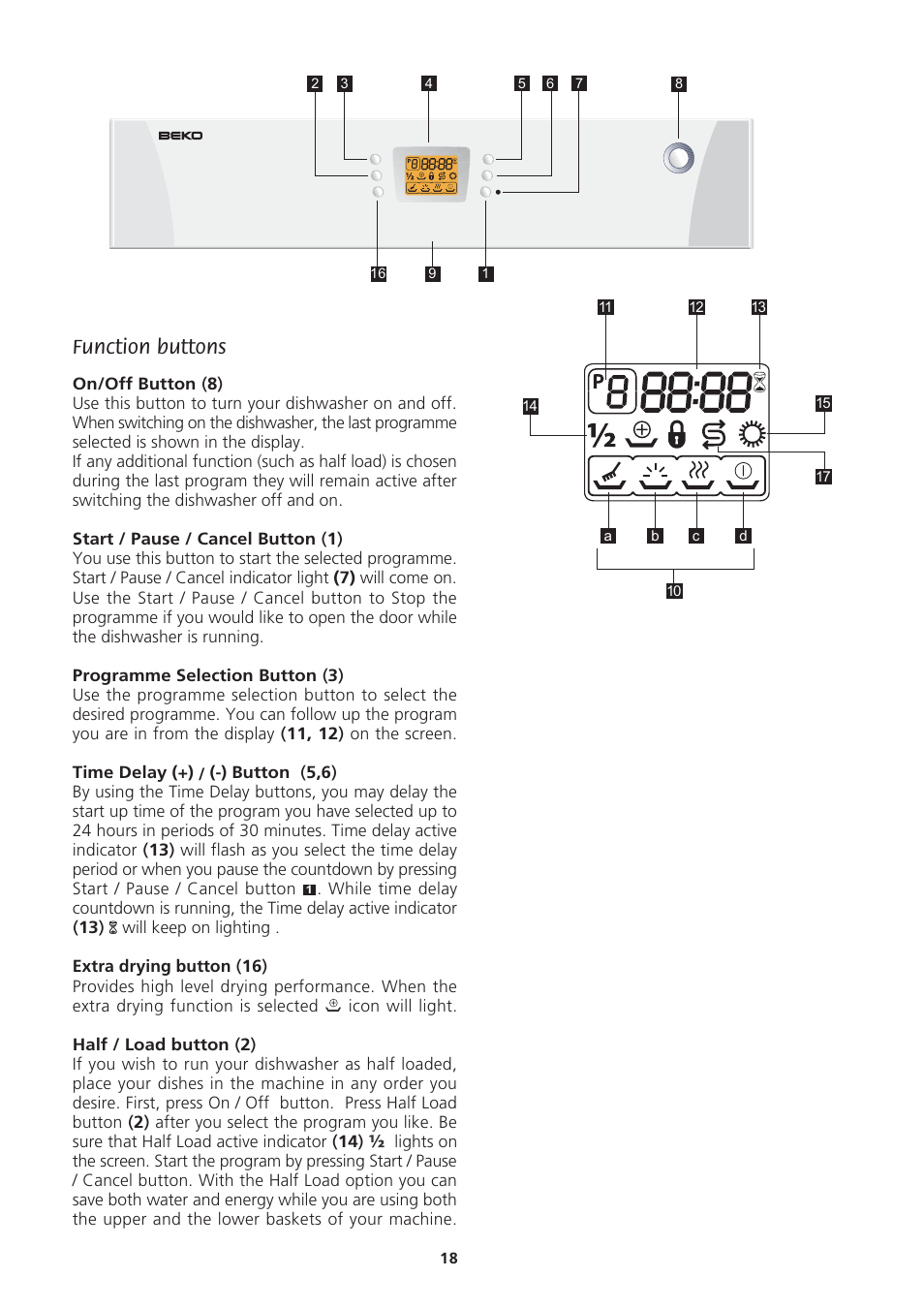 Function buttons | Beko DWD857 User Manual | Page 18 / 26