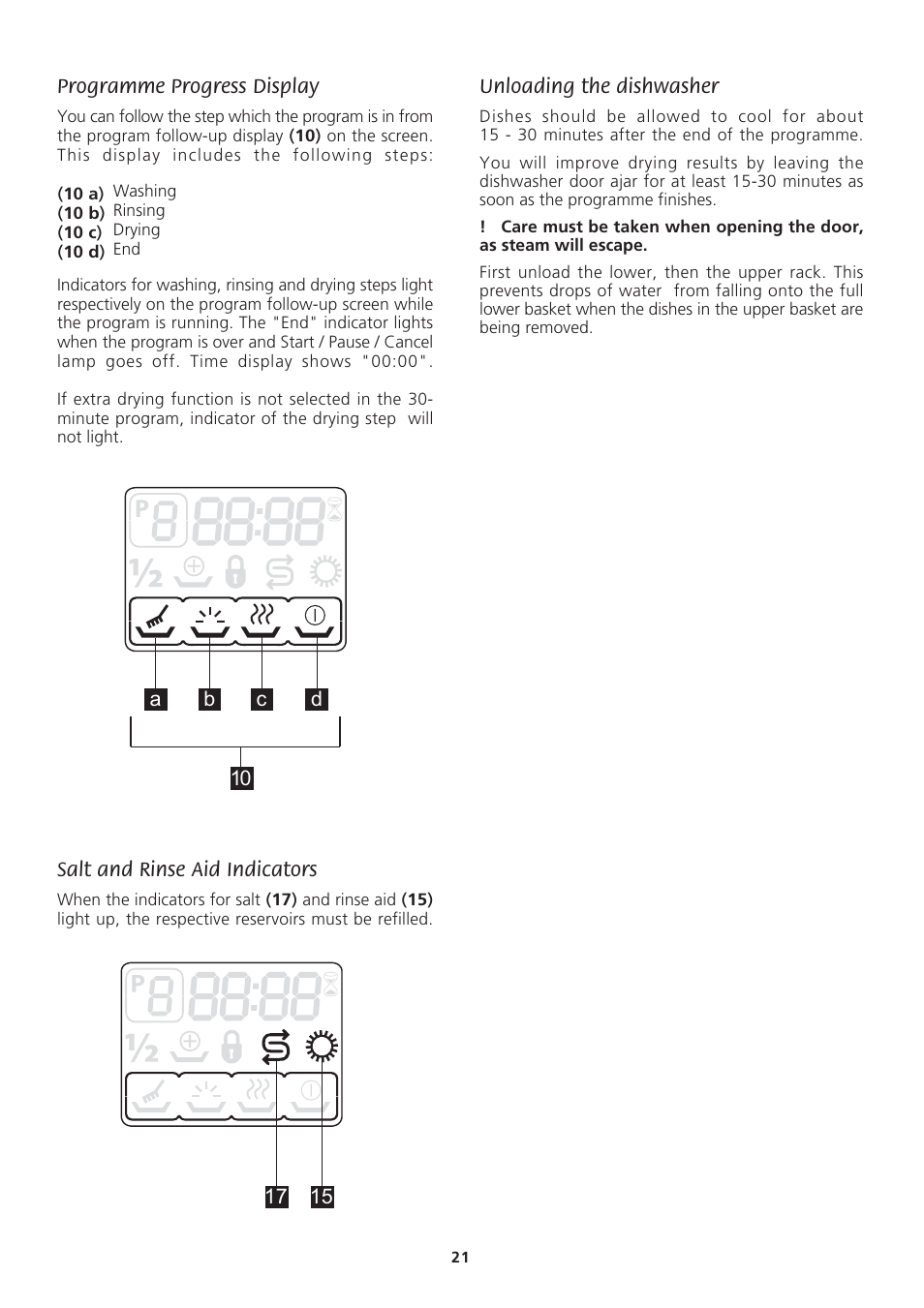 Programme progress display, Salt and rinse aid indicators, Unloading the dishwasher | Beko DWD857 User Manual | Page 21 / 26