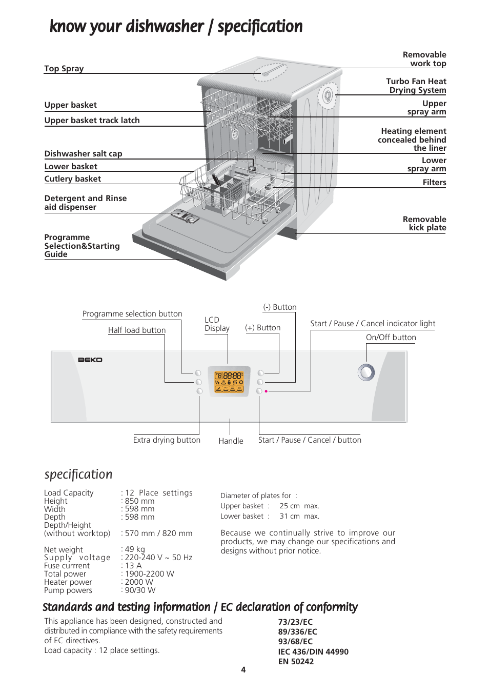 Specification | Beko DWD857 User Manual | Page 4 / 26