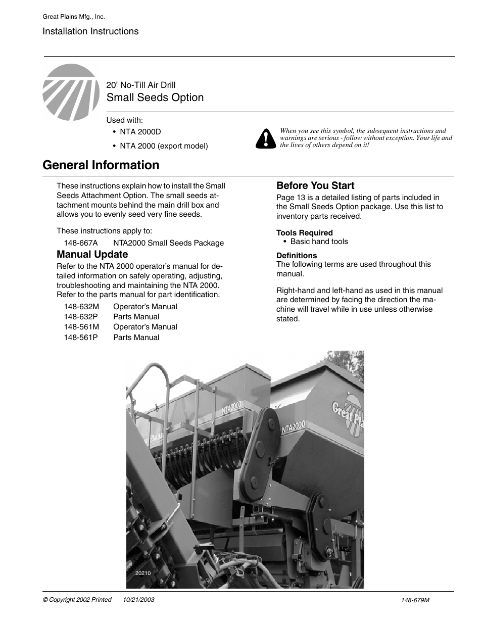 Great Plains NTA 2000 export model Assembly Instructions User Manual | 13 pages