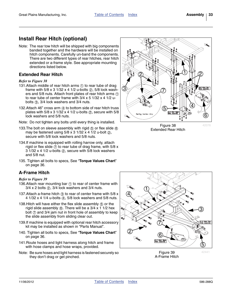 Install rear hitch (optional), Extended rear hitch, A-frame hitch | Extended rear hitch a-frame hitch | Great Plains 4000TM Predelivery Manual User Manual | Page 37 / 94