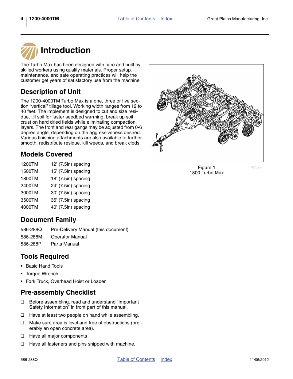 Introduction, Description of unit, Models covered | Document family, Tools required, Pre-assembly checklist, Models covered document family tools required | Great Plains 4000TM Predelivery Manual User Manual | Page 8 / 94