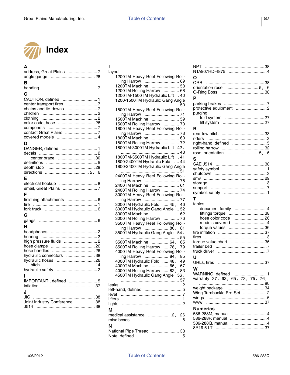 Index | Great Plains 4000TM Predelivery Manual User Manual | Page 91 / 94