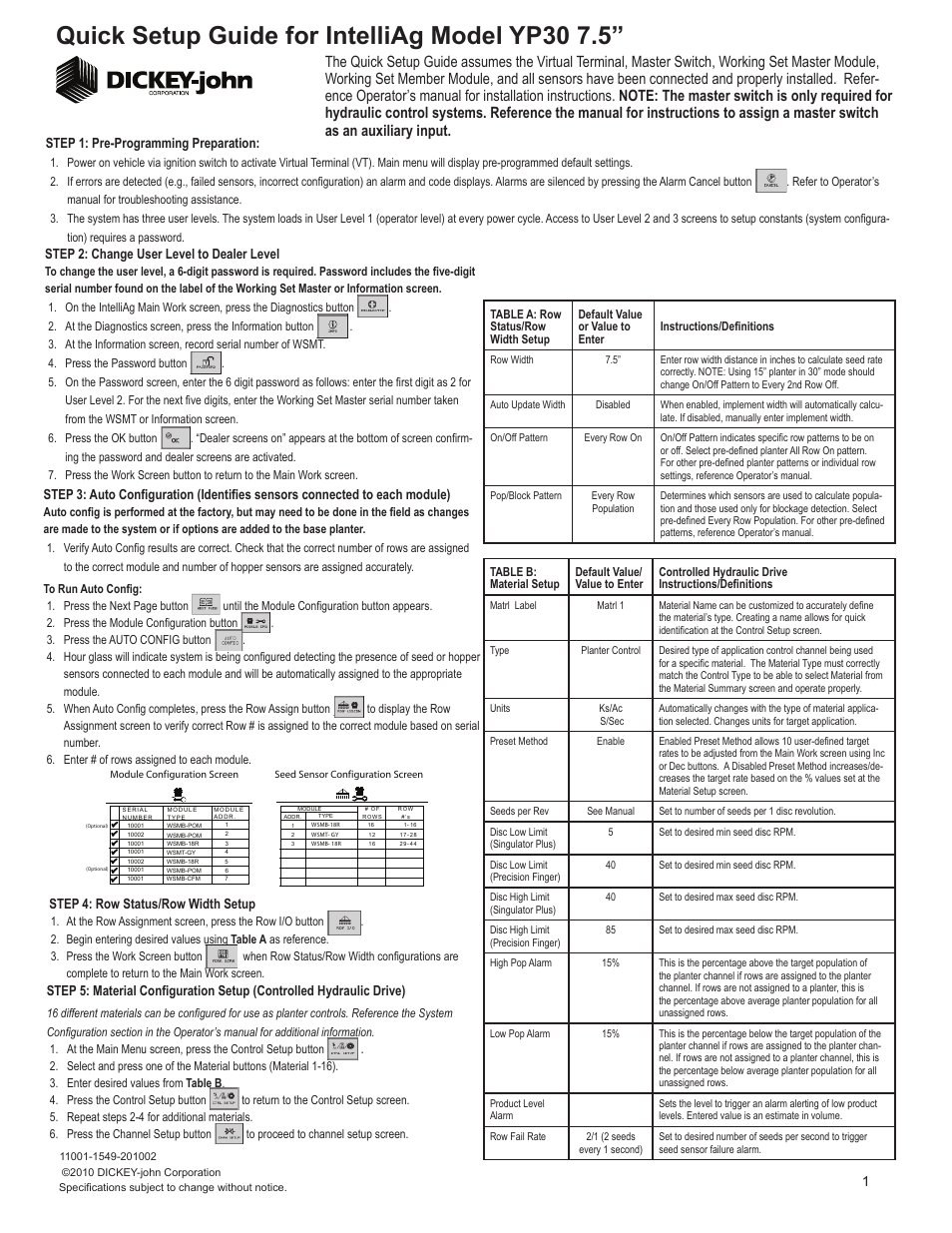 Great Plains YP3010HDP-4475 10HDP Series 44 Row 7 1-2 Inch Quick Start User Manual | 5 pages